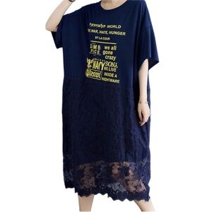 NWOT XL Navy Blue Original Lace Split-Joint Half Sleeve Midi Dress